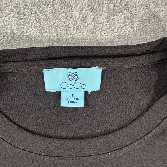 CeCe Sheer Printed Long-Sleeve Black Knit Top Women's Small Crew Neck Metallic - Picture 3 of 8